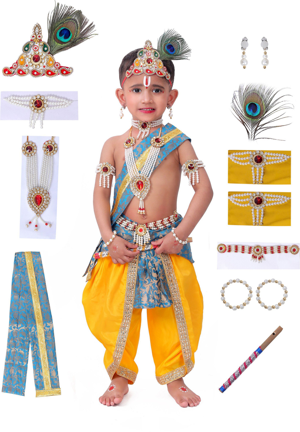 Image of Raj Costumes krishna Dress for Kids with Jewellery Accessories for baby Boy & Girls Kids Costume Wear