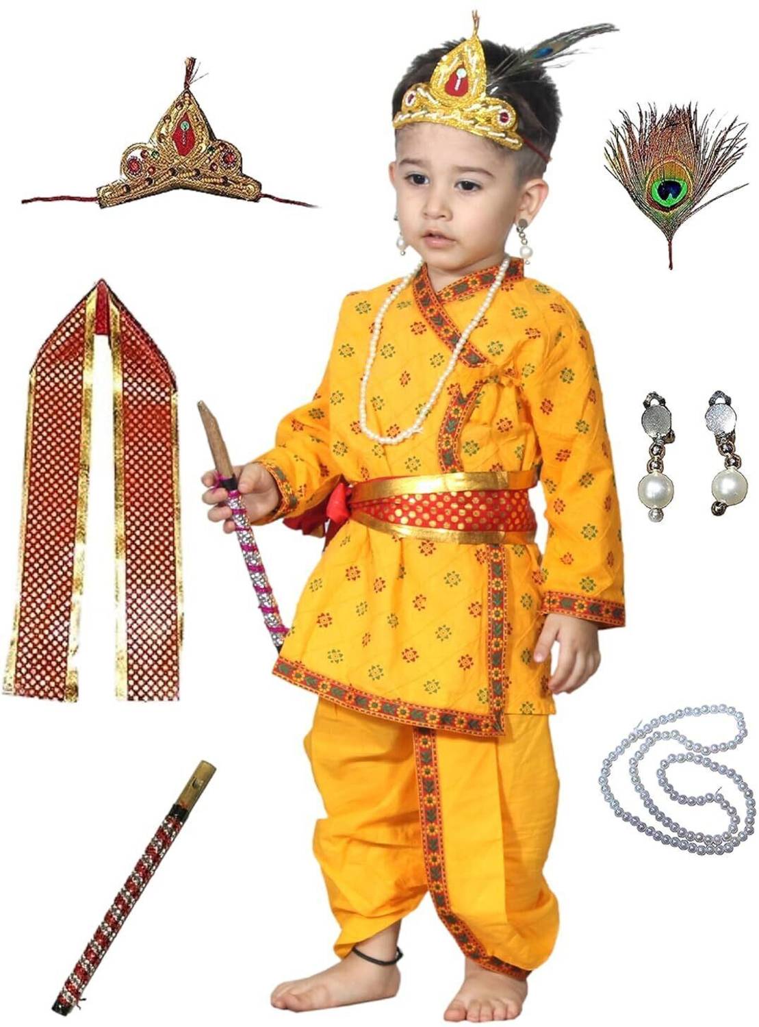 KAKU FANCY DRESSES Cotton Printed Krishna Costumes, Baby Krishna Dress for Janmashtami, 2-3 Years Kids Costume Wear