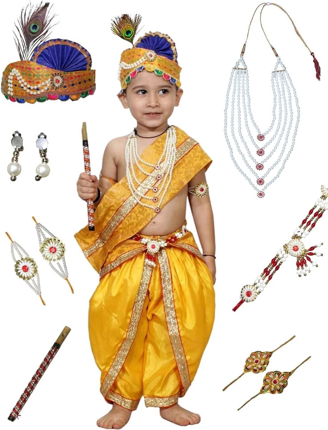 KAKU FANCY DRESSES Krishna Costume For Boys, Yellow Dhoti With Jewellery for Kanha Dress, 2-3 Years Kids Costume Wear
