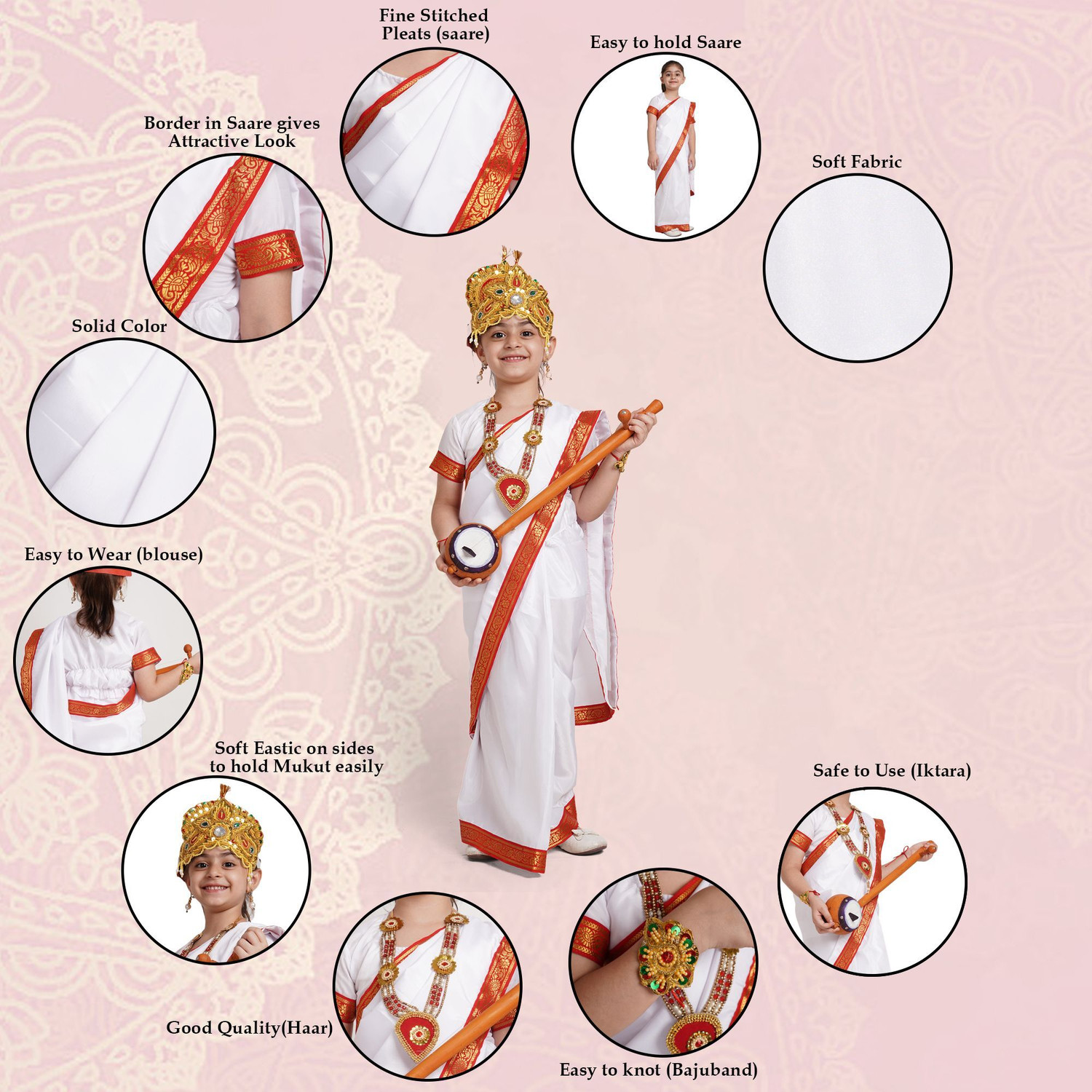 Image of KAKU FANCY DRESSES Devi Saraswati Saree For Girs With Accessories - White, 3-4 Yrs Kids Costume Wear