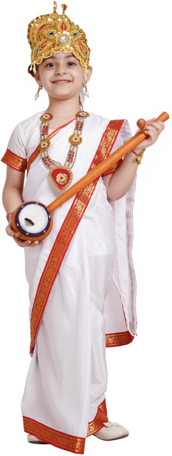 Image of KAKU FANCY DRESSES Devi Saraswati Saree For Girs With Accessories - White, 3-4 Yrs Kids Costume Wear
