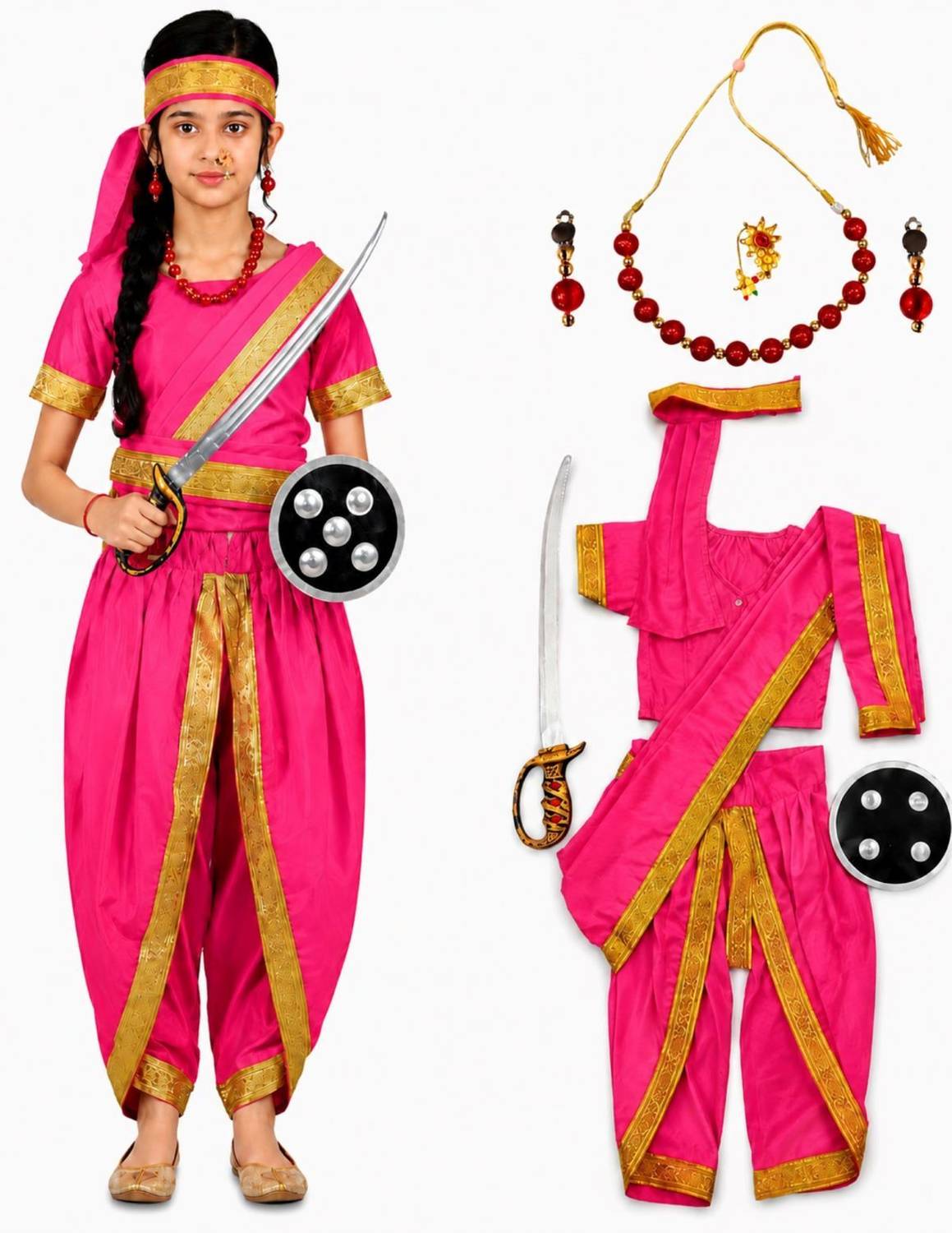 BookMyCostume Rani Laxmi Bai with Jewellery Jhansi ki Rani Freedom Fighter Manikarnika Kids Costume Wear