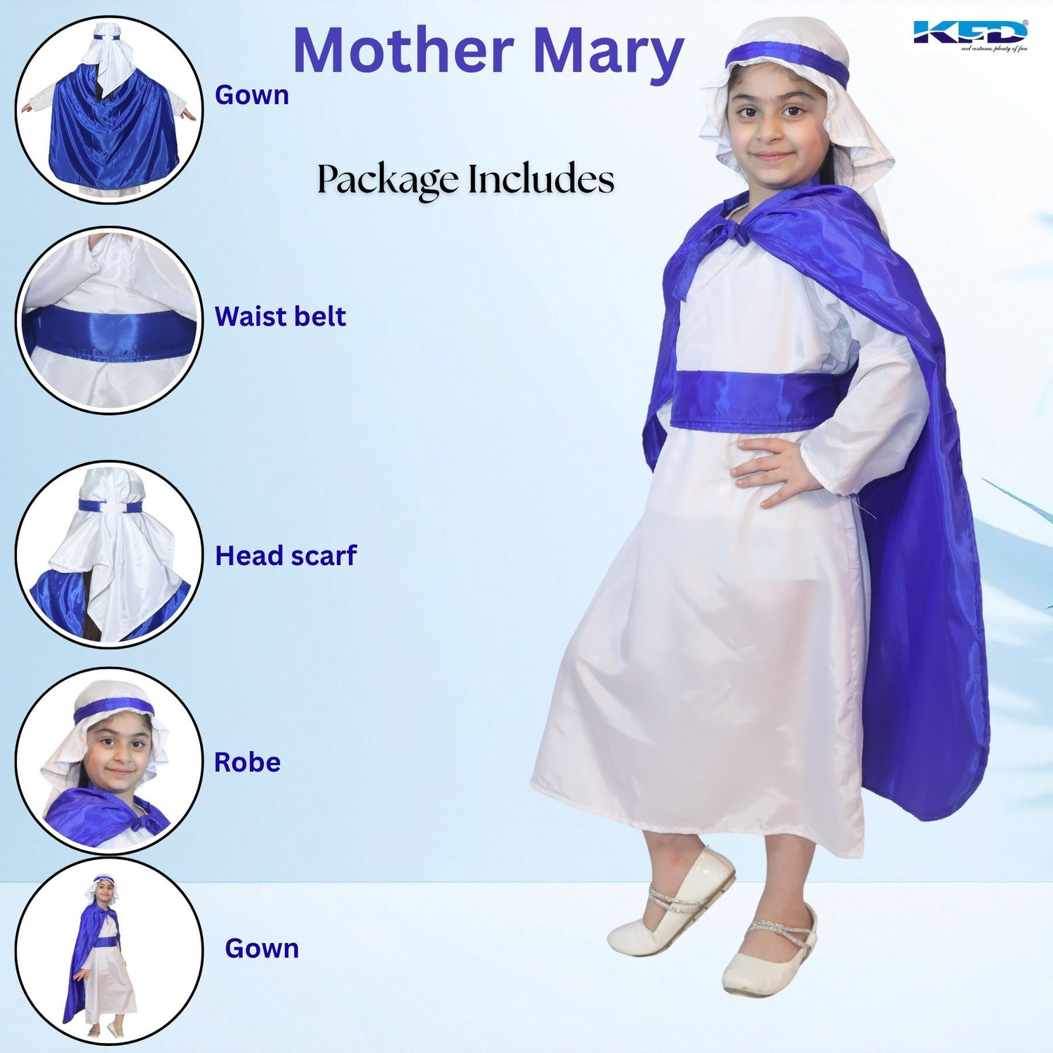 Image of KAKU FANCY DRESSES Mother Marry Christmas Day Costume -White & Blue, 15-16 Years, For Girls Kids Costume Wear