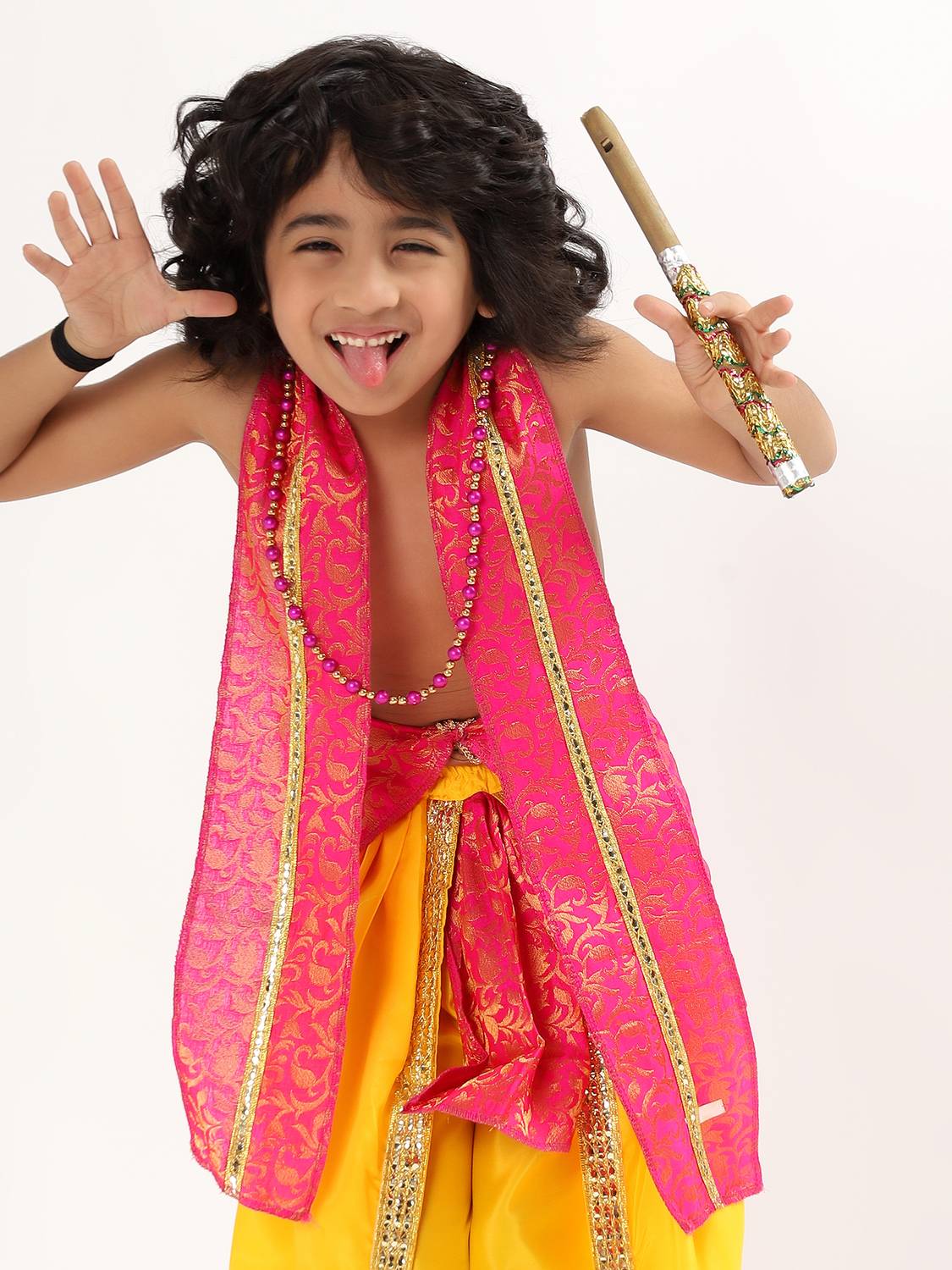 ECOM FASHION HUB Lord Krishna kids dress with mala and flute for 3m to 8 years Kids Costume Wear