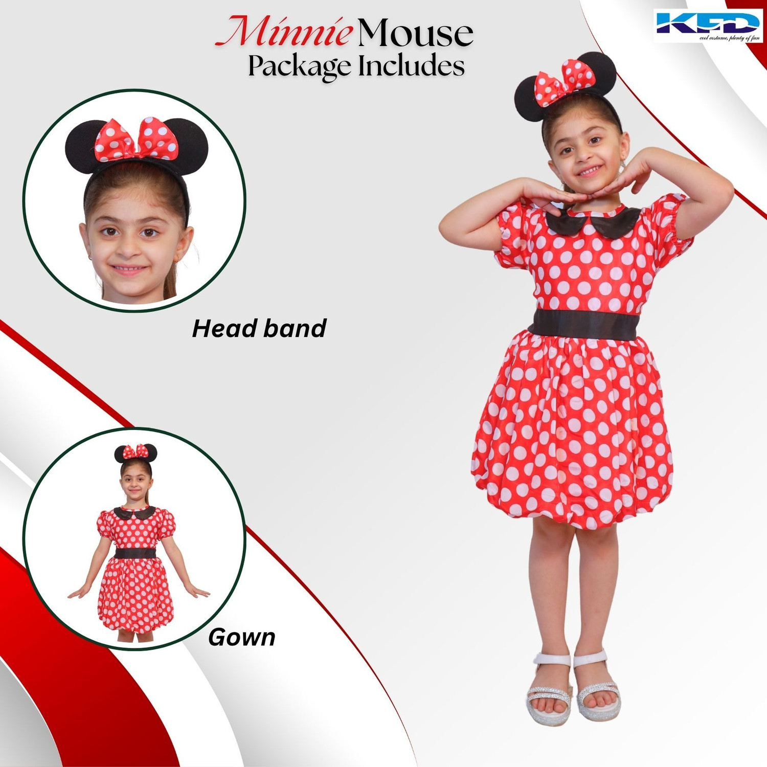 Image of KAKU FANCY DRESSES Minnie Cartoon Costume For Girls, Theme Party Dress - Red & White, 7-8 Years Kids Costume Wear