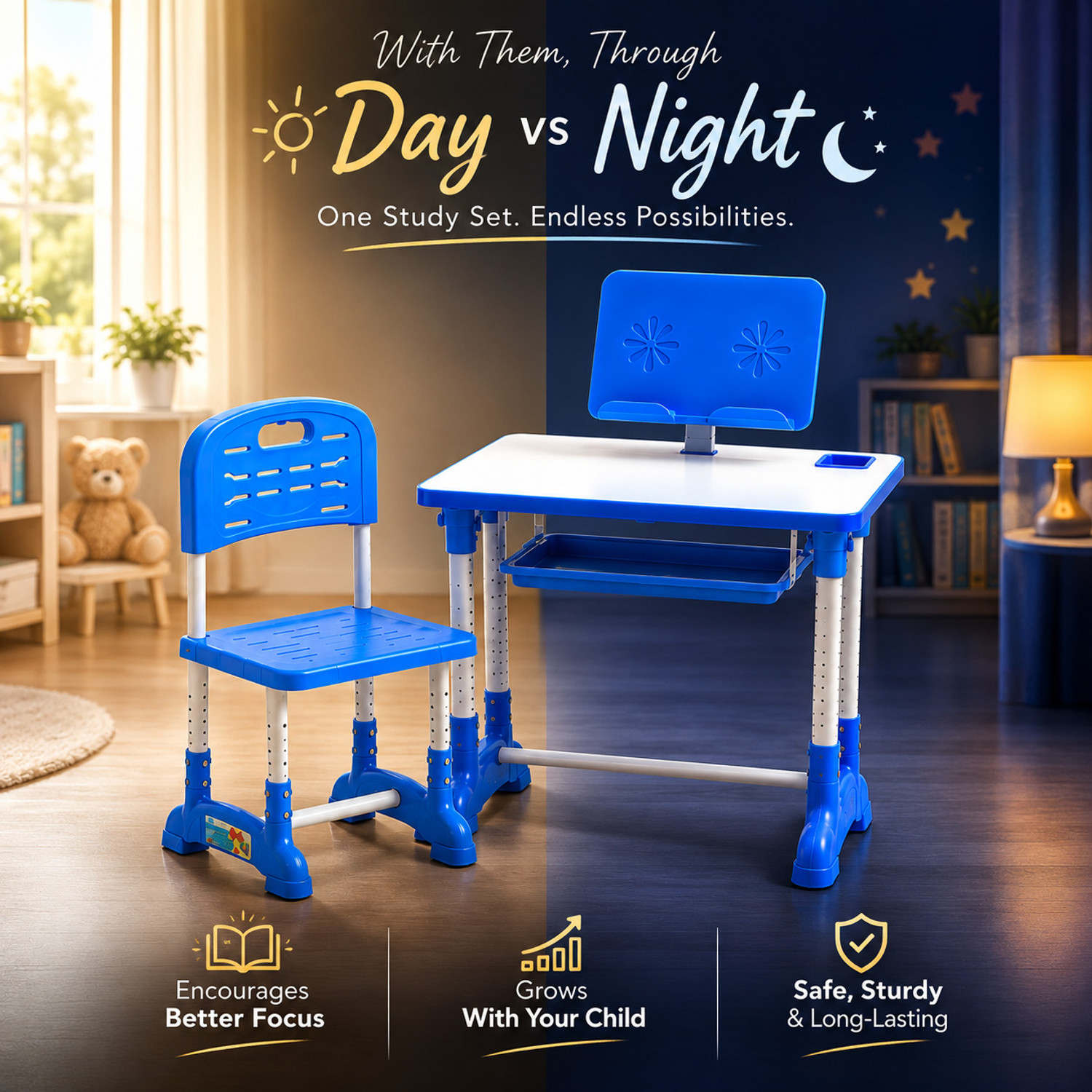 Image of MY LITTLE TOWN Kids study Desk & Chair with Adjustable Height| 5-15 Years |Study table & chair engineered wood Desk Chair