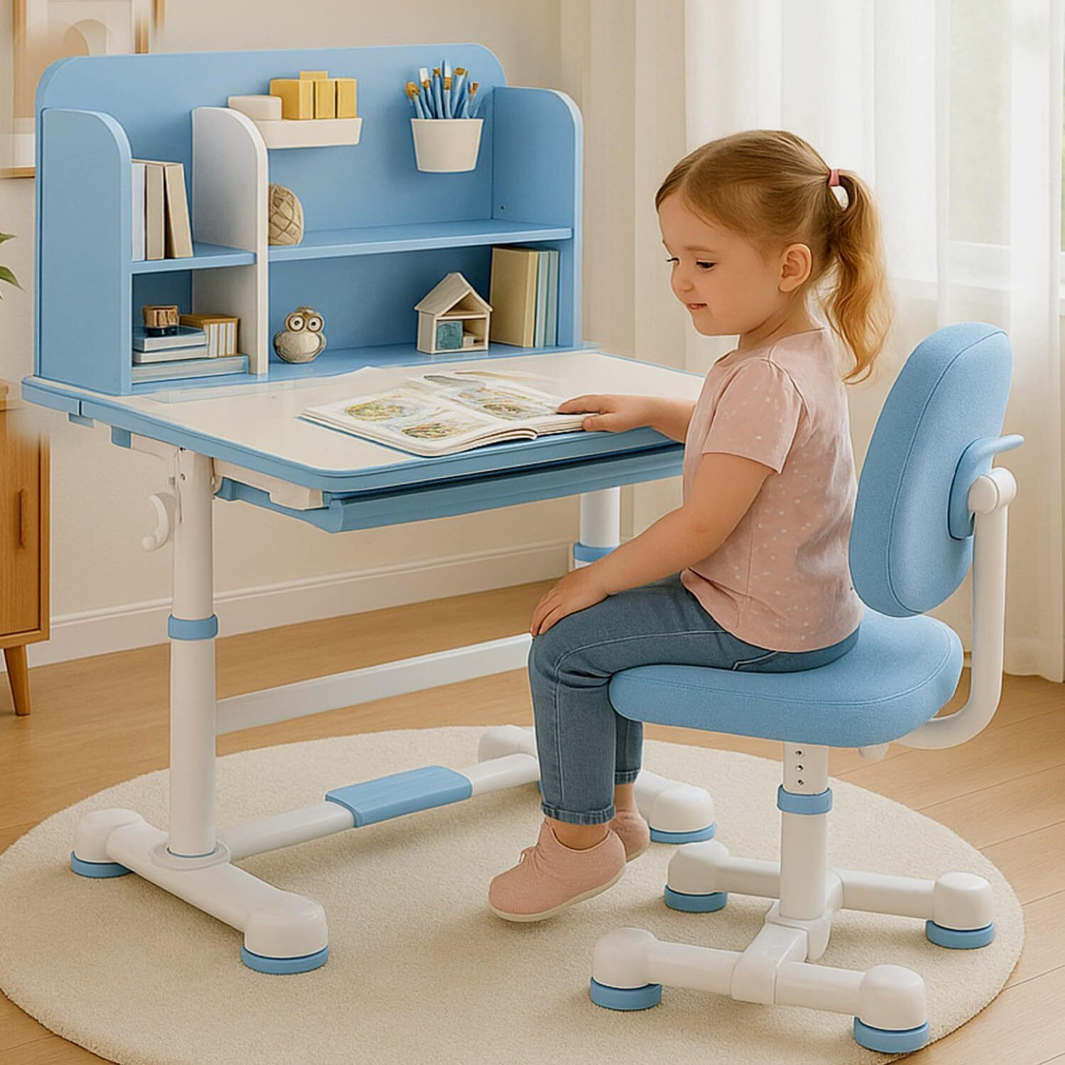 Image of metreno Height Adjustable Kids Study Tables with Chair set for Home with Storage Cabinet Solid Wood Study Table