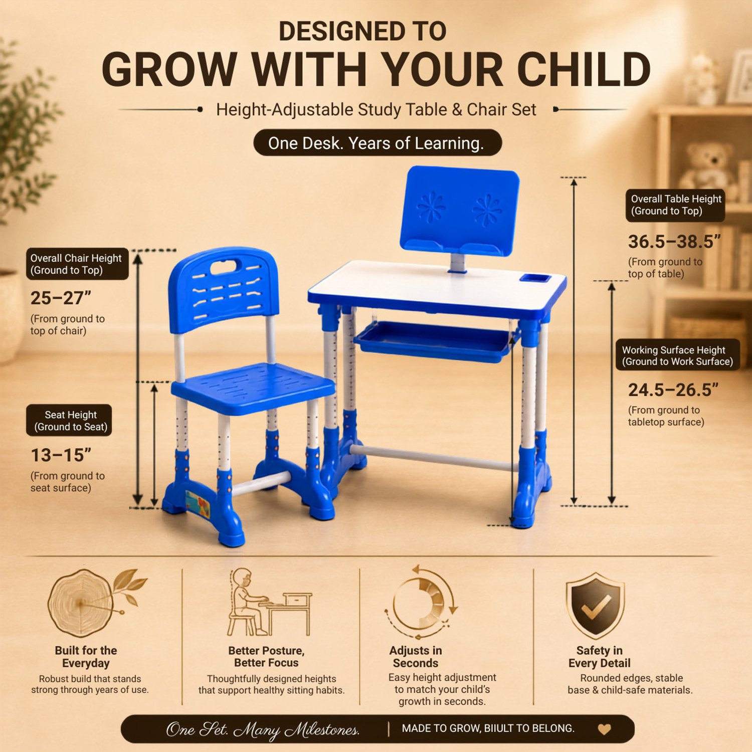 Image of MY LITTLE TOWN Kids study Desk & Chair with Adjustable Height| 5-15 Years |Study table & chair engineered wood Desk Chair