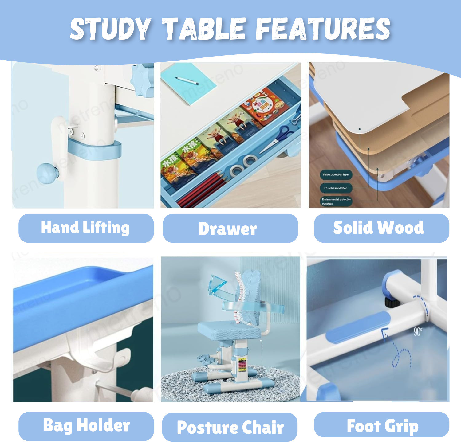 Image of metreno Height Adjustable Kids Study Tables with Chair set for Home with Storage Cabinet Solid Wood Study Table