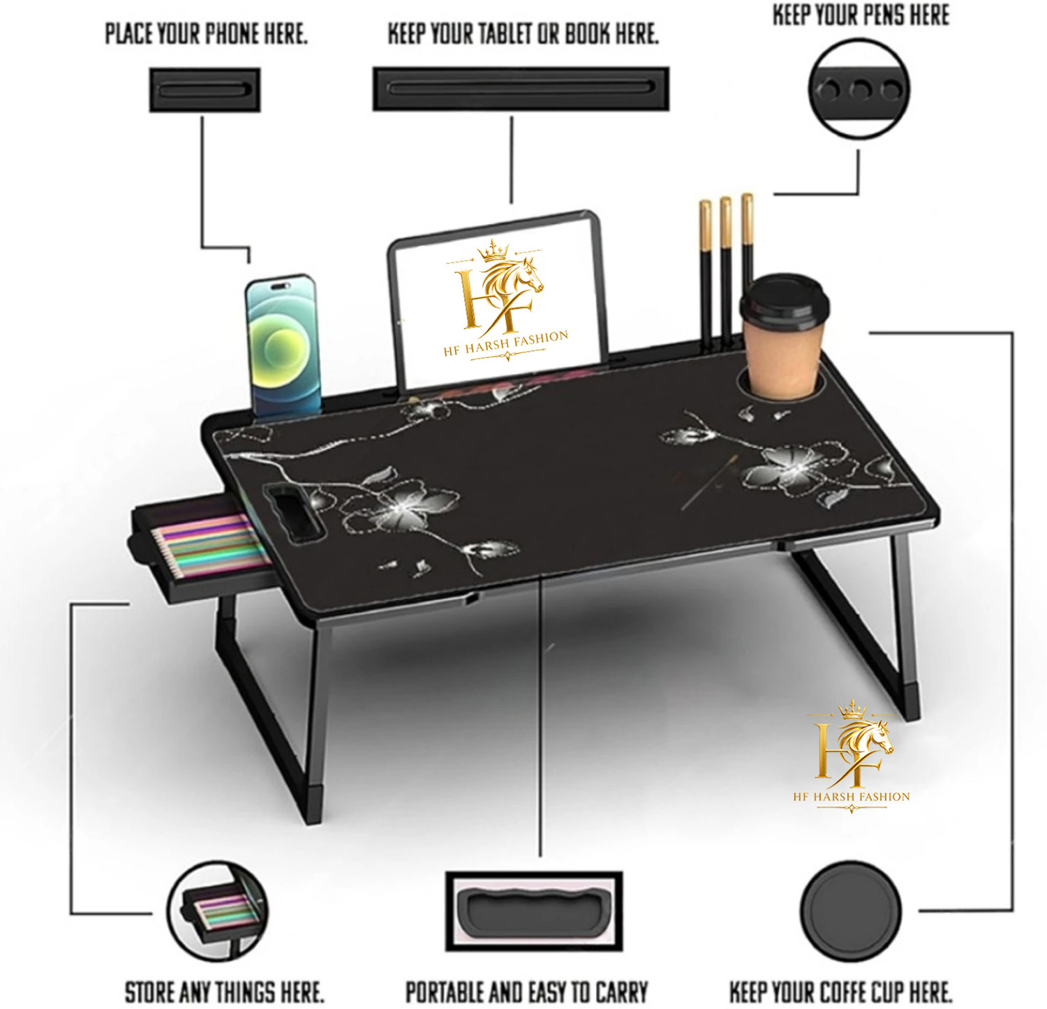 Image of HF HARSH FASHION FLOWER COTTED Wood Portable Laptop Table