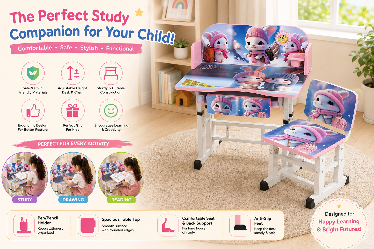 Image of MY LITTLE TOWN Kids study Table & Chair with Adjustable Height (Pink) Engineered Wood Study Table