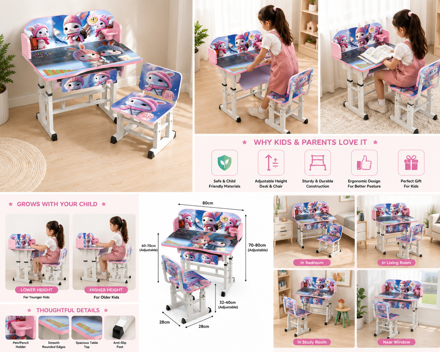 Image of MY LITTLE TOWN Kids study Table & Chair with Adjustable Height (Pink) Engineered Wood Study Table