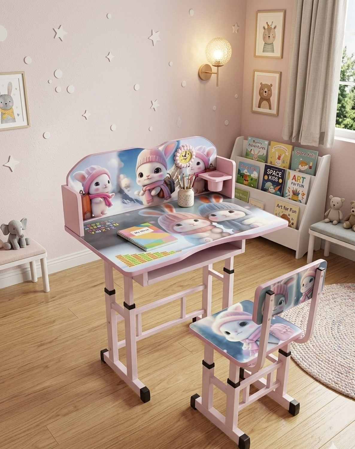 Image of MY LITTLE TOWN Kids study Table & Chair with Adjustable Height (Pink) Engineered Wood Study Table