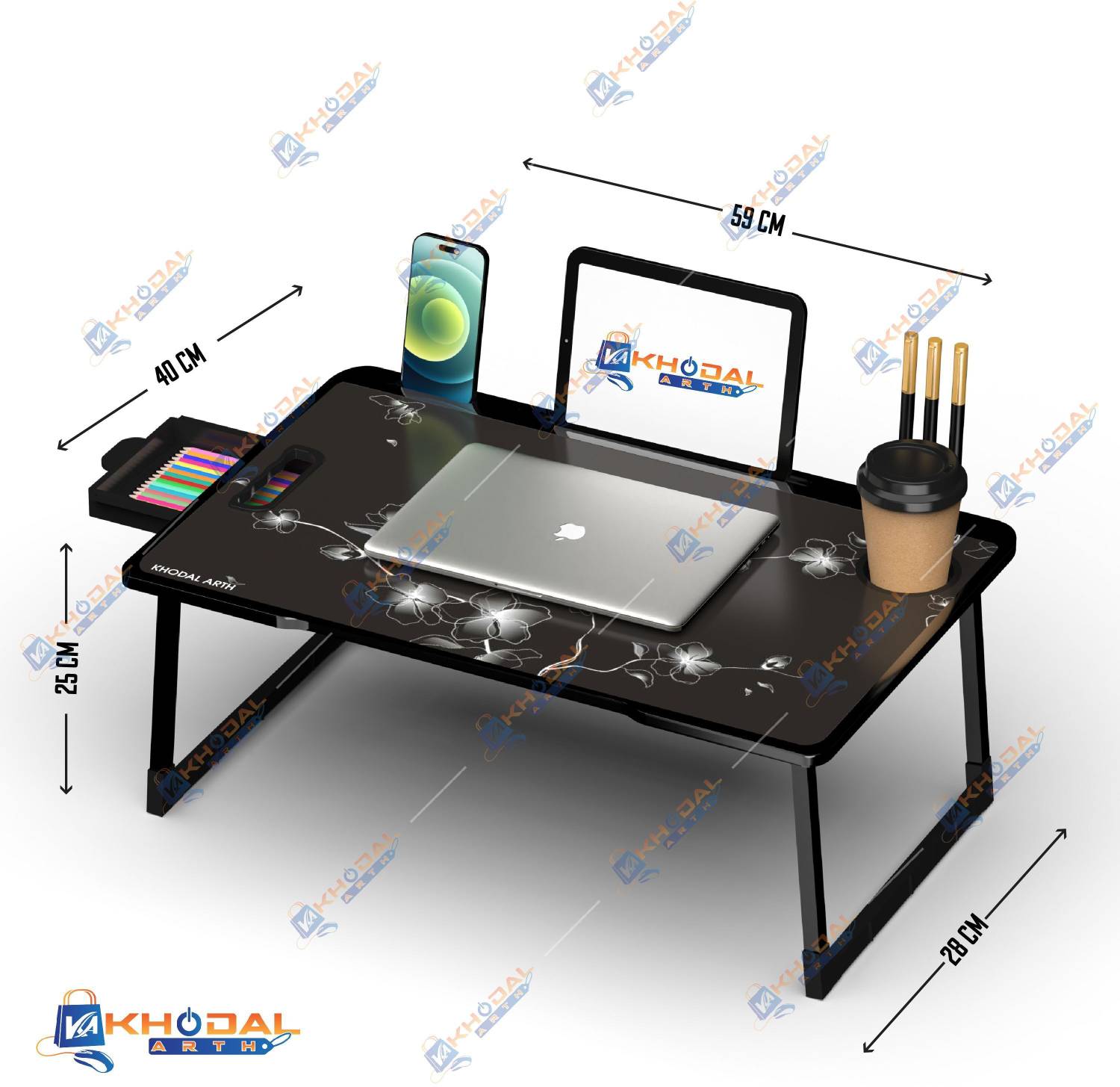 KHODAL Black Flower Coated Wood Laptop Study Table - Image 4