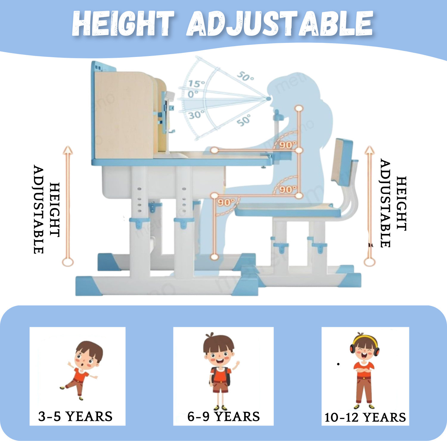 Image of metreno Height Adjustable Kids Study Tables with Chair set for Home with Storage Cabinet Solid Wood Study Table