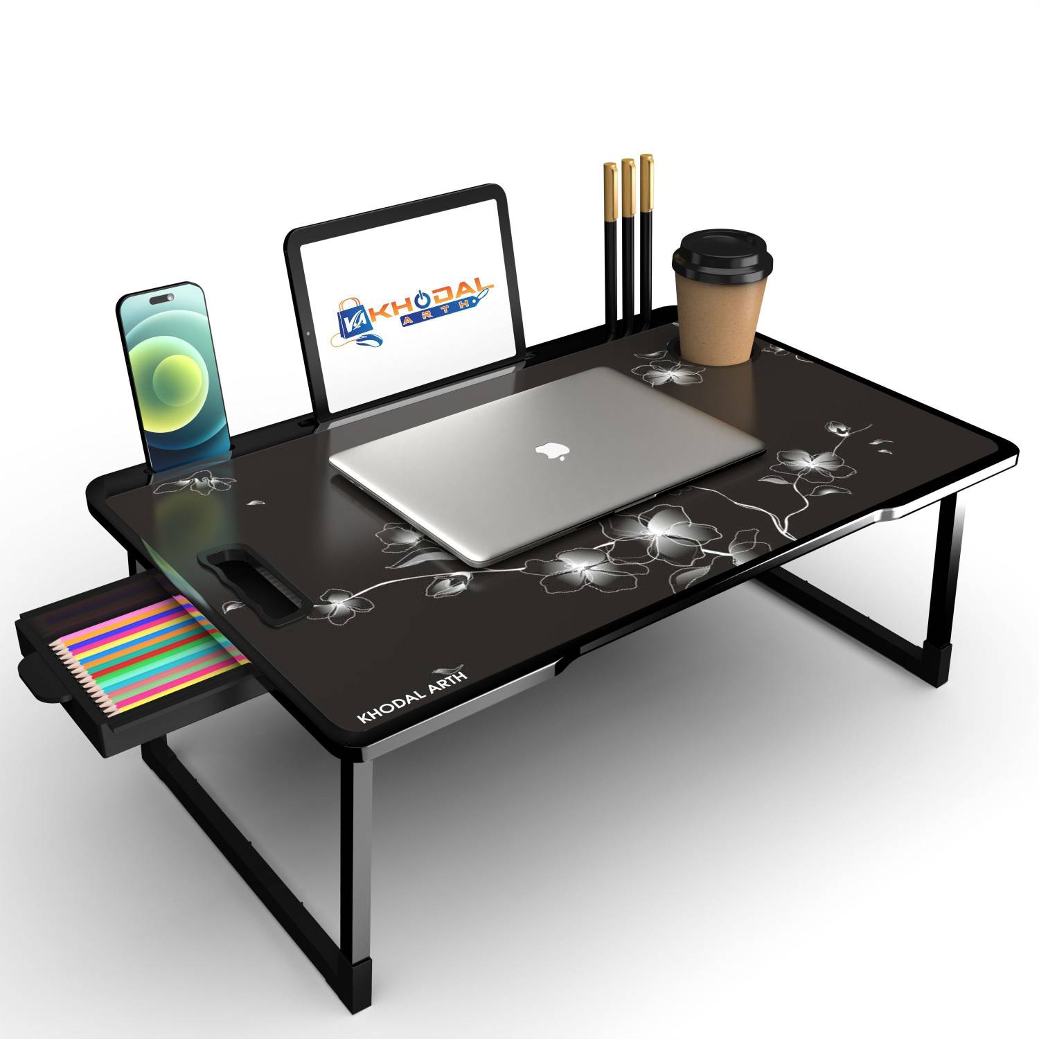 KHODAL Black Flower Coated Wood Laptop Study Table - Image 1
