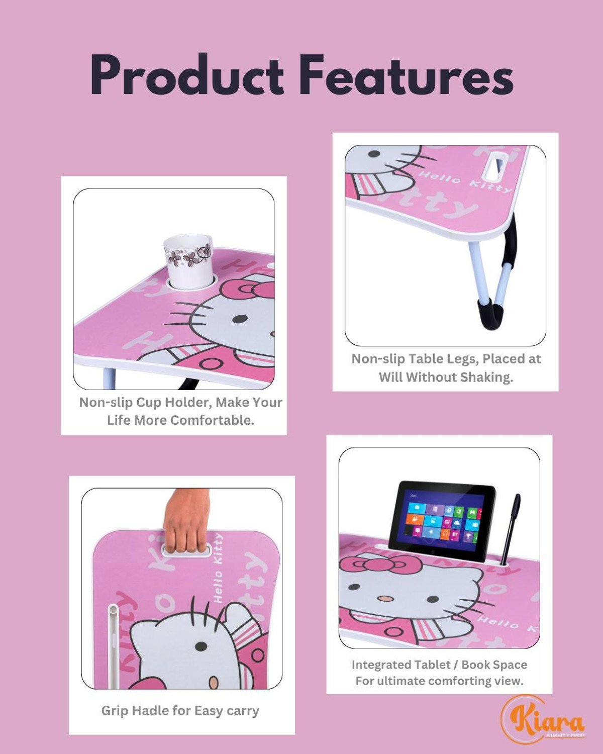 Image of Kiara Quality First Hello Kitty Prints Protable Foldable Table for Study & Work, Best for Work Home Wood Portable Laptop Table