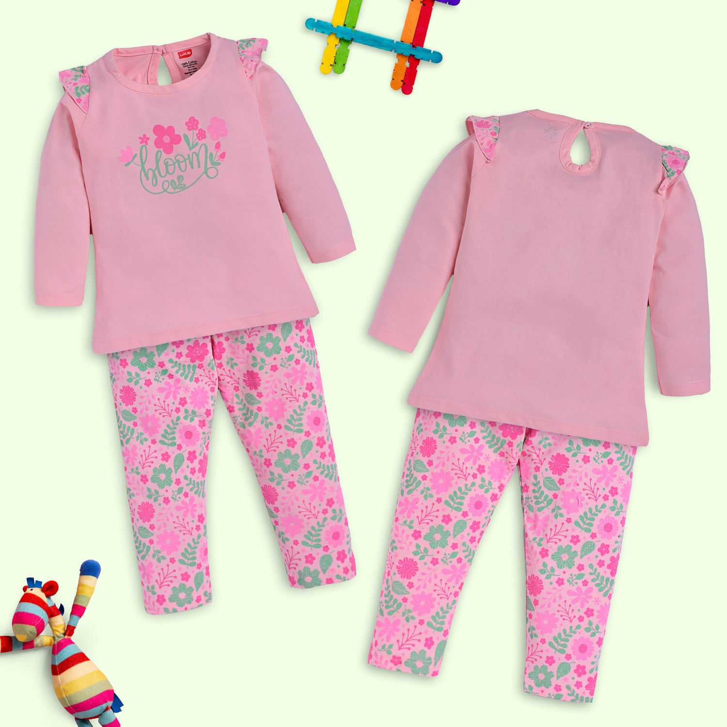 Image of LuvLap Baby Girls Casual T-shirt Pyjama (Multicolor 1)