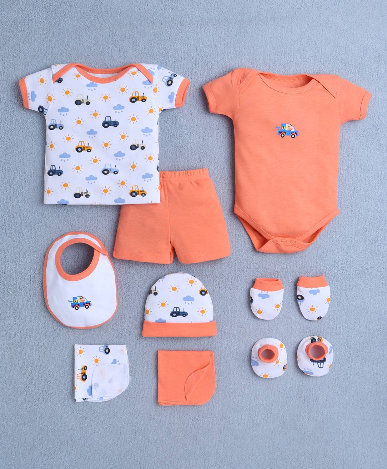 BUMZEE Baby Boys Casual Bodysuit T-shirt, Shorts, Cap, Mitten, Bootie, Handkerchief, Bib