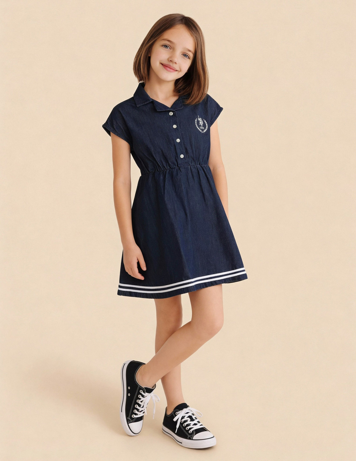 Image of U.S. POLO ASSN. Girls Midi /Knee Length Casual Dress (Blue, Cap Sleeve)