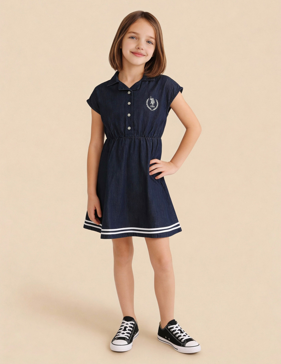 Image of U.S. POLO ASSN. Girls Midi /Knee Length Casual Dress (Blue, Cap Sleeve)