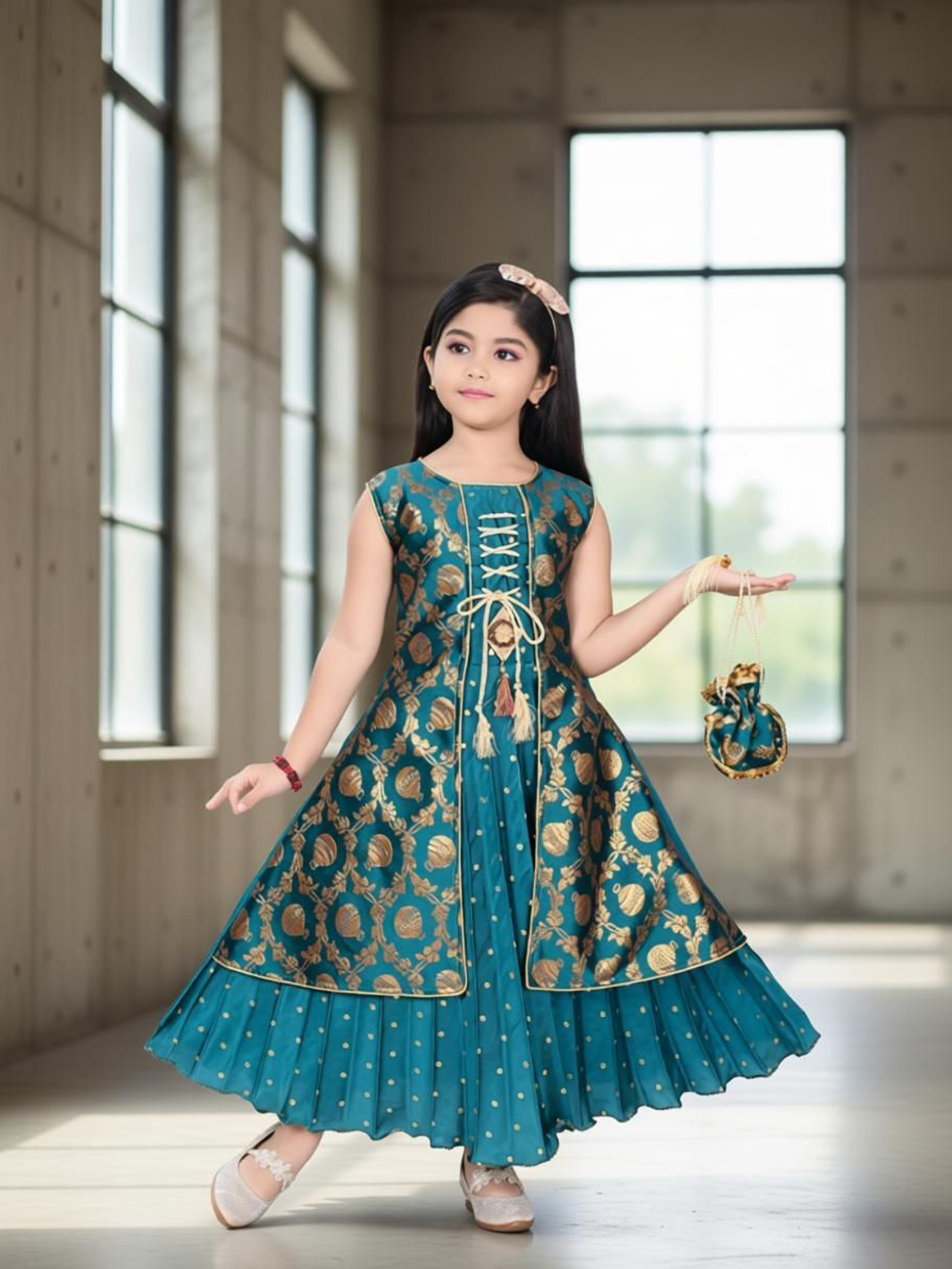 Image of FAYEZFASHION Girls Maxi /Full Length Festive /Wedding Dress (Blue, Sleeveless)