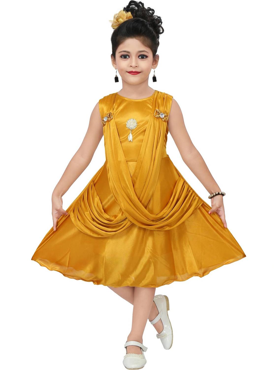 Chandrika Girls Midi/Knee Length Casual Dress (Yellow, Sleeveless...mo