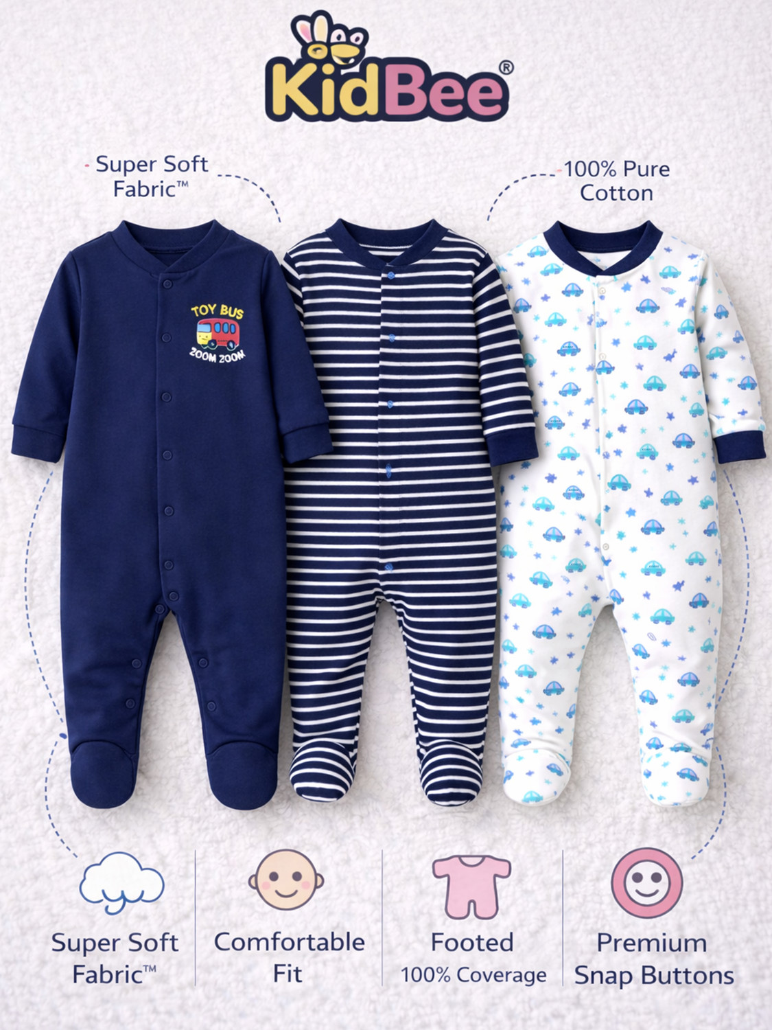 Image of KidBee Romper For Baby Boys & Baby Girls Casual Striped, Printed Cotton Blend