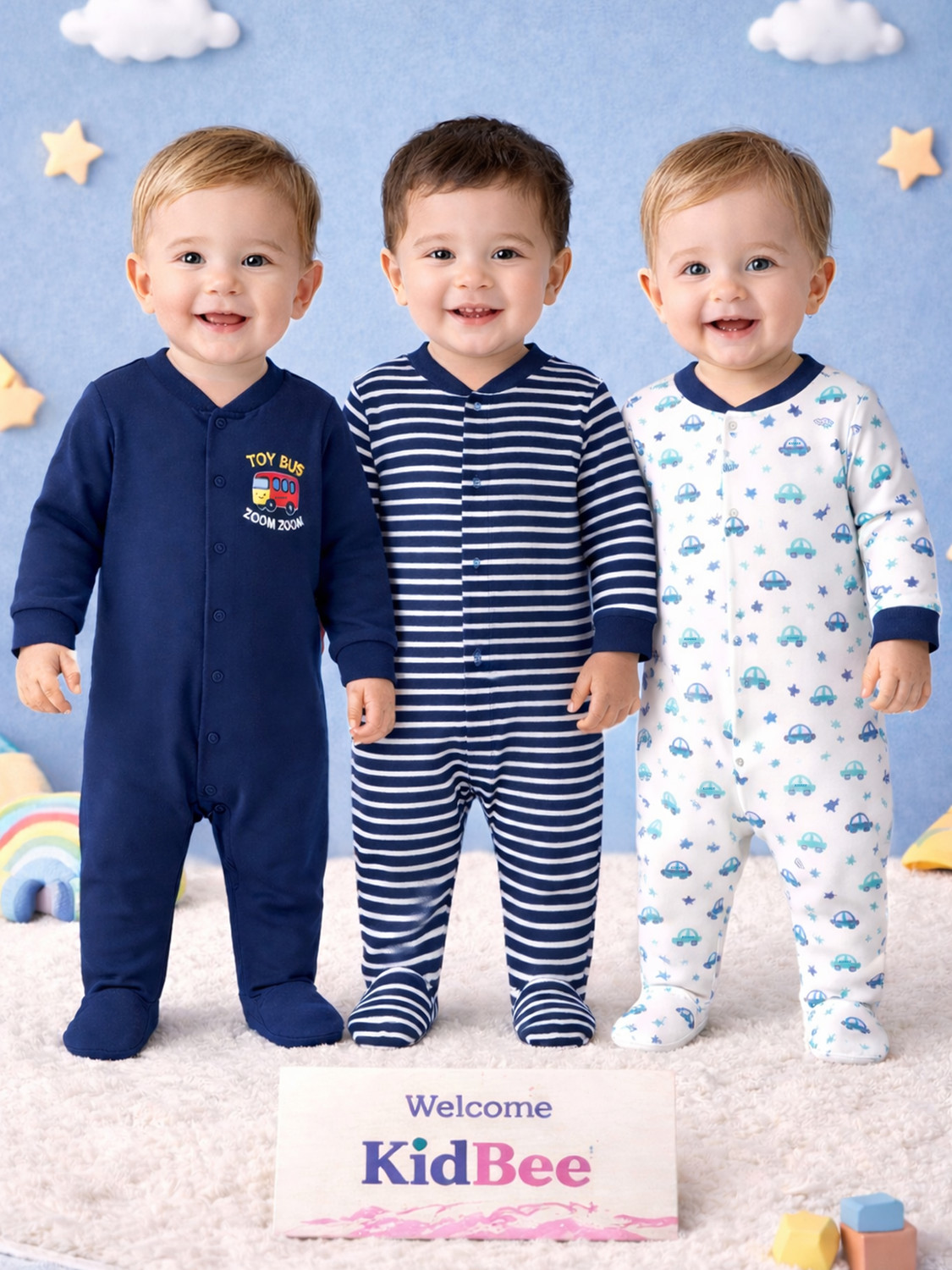 Image of KidBee Romper For Baby Boys & Baby Girls Casual Striped, Printed Cotton Blend