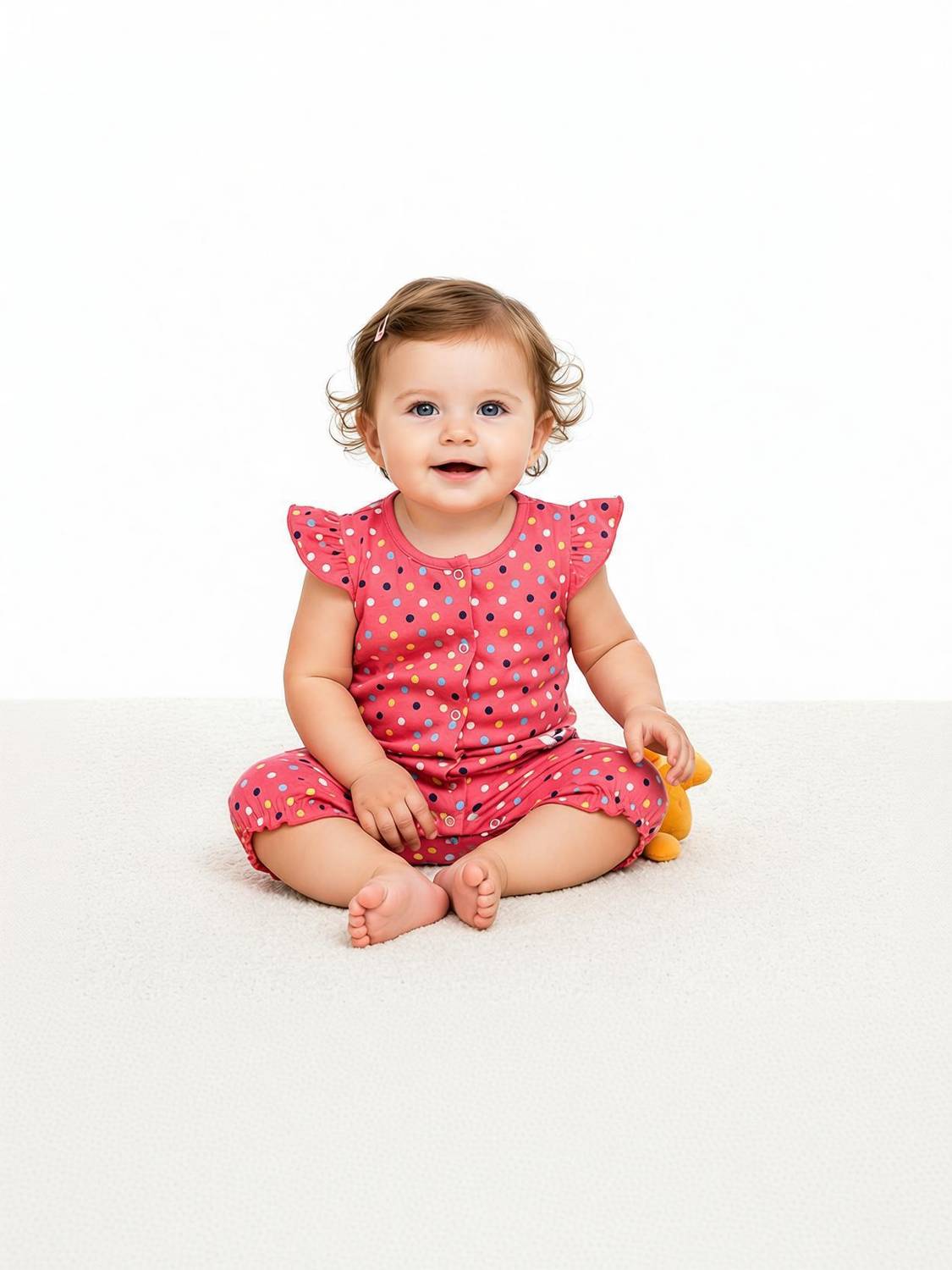 bloomkids Romper For Baby Girls Casual Embroidered, Self Design, Printed, Polka Print Cotton Blend