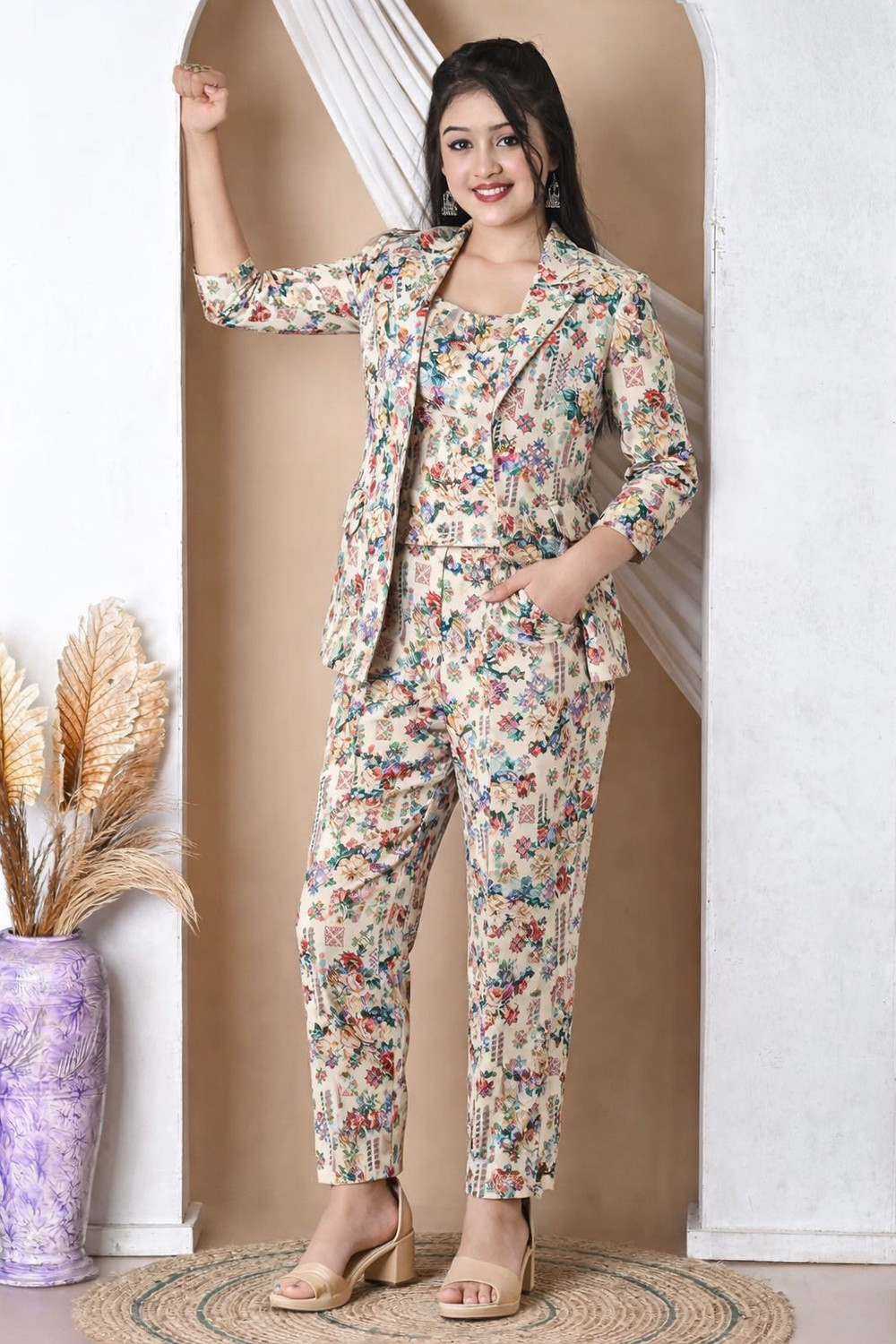 Image of Gunatit Girls Festive & Party Ethnic Jacket, Blouse and Palazzo Set