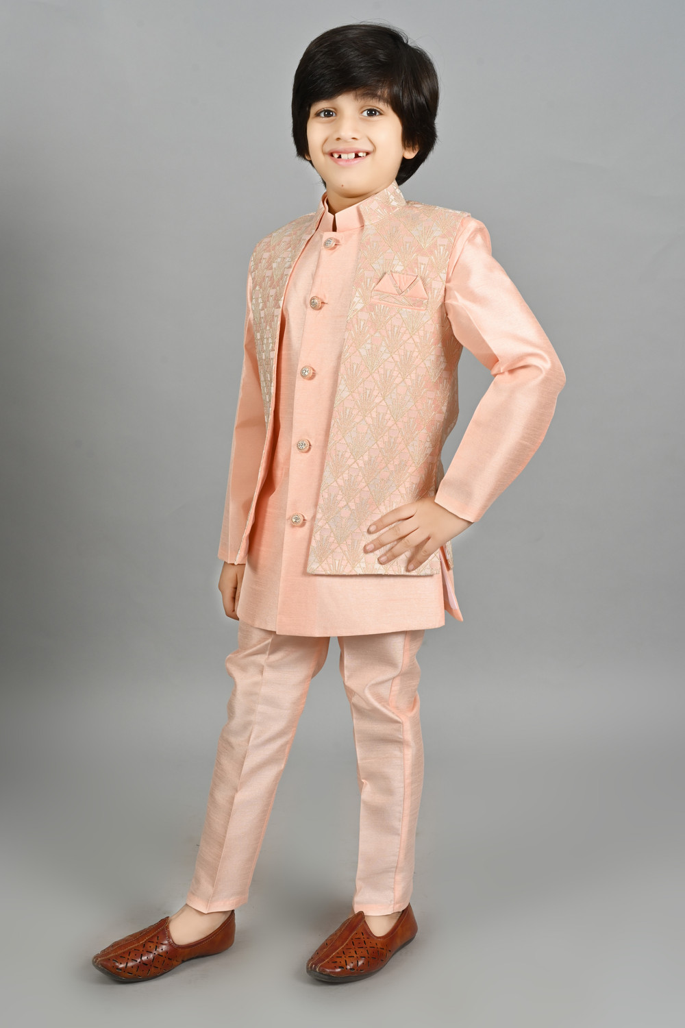 Image of AHHAAAA Boys Wedding Kurta, Waistcoat and Breeches Set