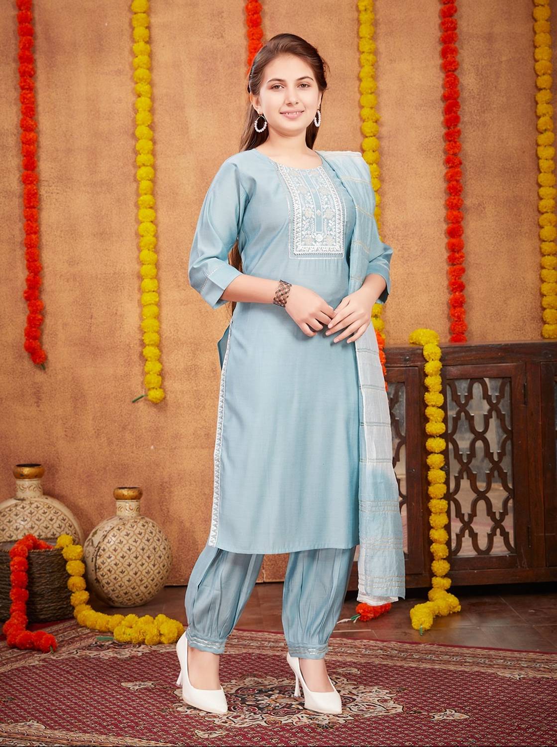Sangria Girls Blue Festive Kurta and Patiala Set - Image 2