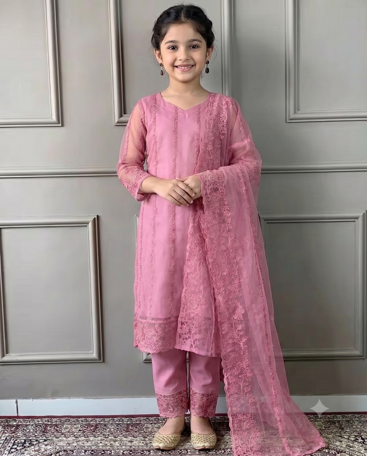 Image of poshvue Girls Festive & Party, Casual, Formal Kurta, Pyjama & Dupatta Set (Pink Pack of 1)