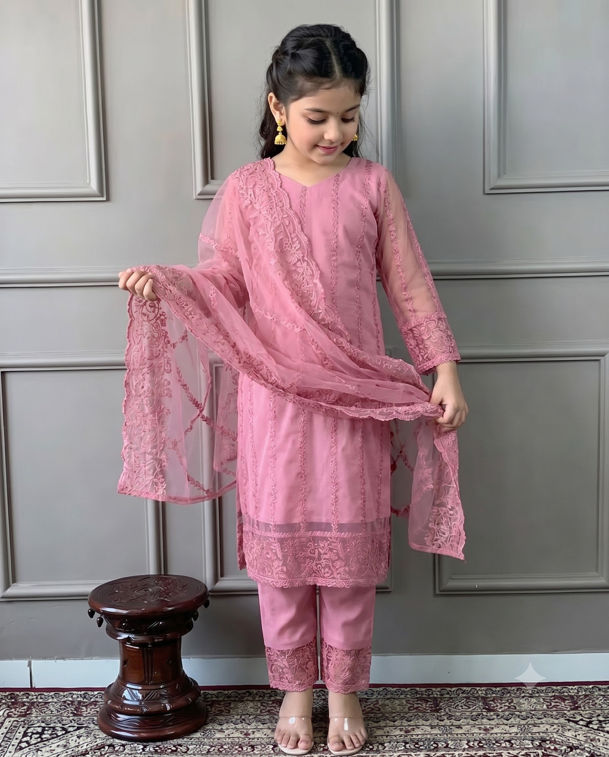 Image of poshvue Girls Festive & Party, Casual, Formal Kurta, Pyjama & Dupatta Set (Pink Pack of 1)