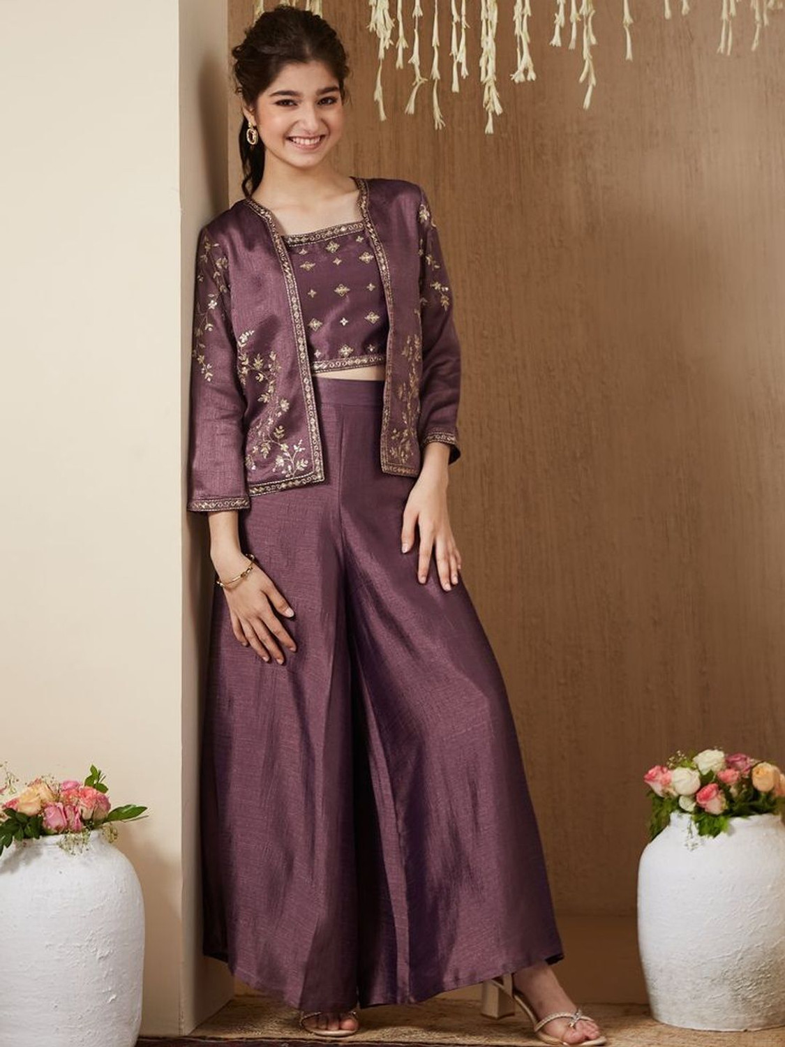 parthcreation Women Crop Top Palazzo Ethnic Jacket Set