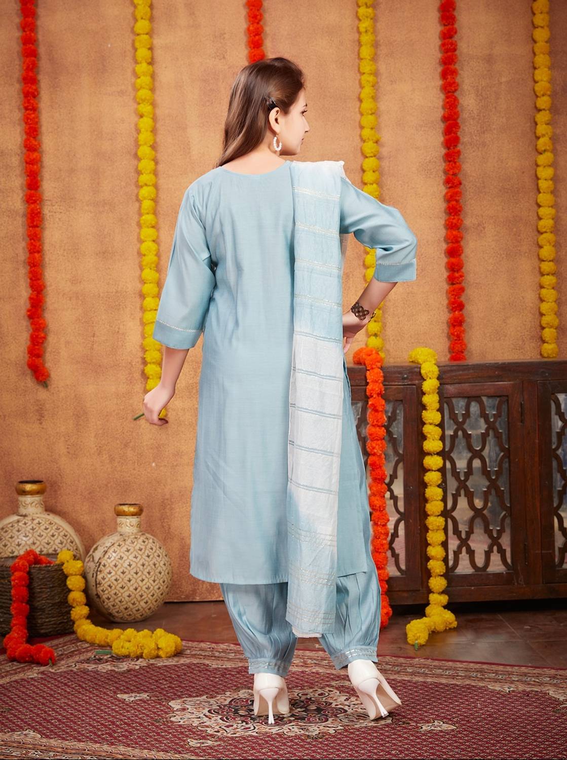 Sangria Girls Blue Festive Kurta and Patiala Set - Image 4