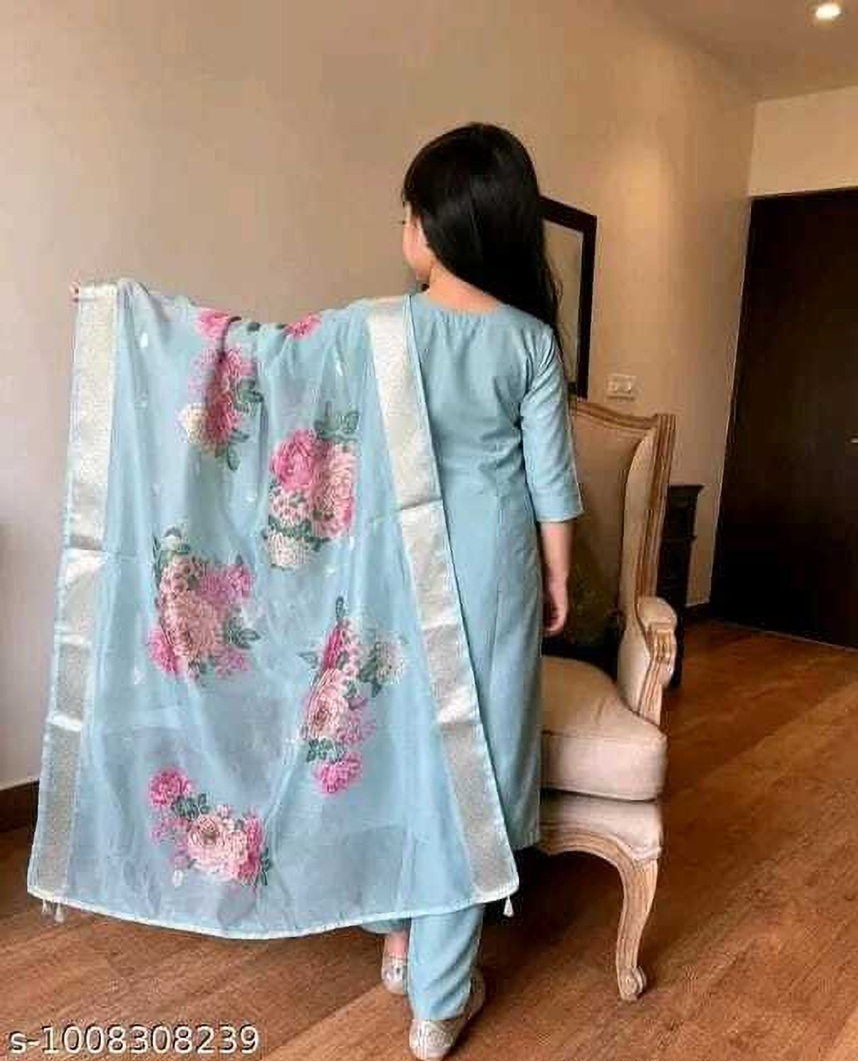 Image of Fashion Of Z Girls Festive & Party Kurta, Pyjama & Dupatta Set (Light Blue Pack of 1)