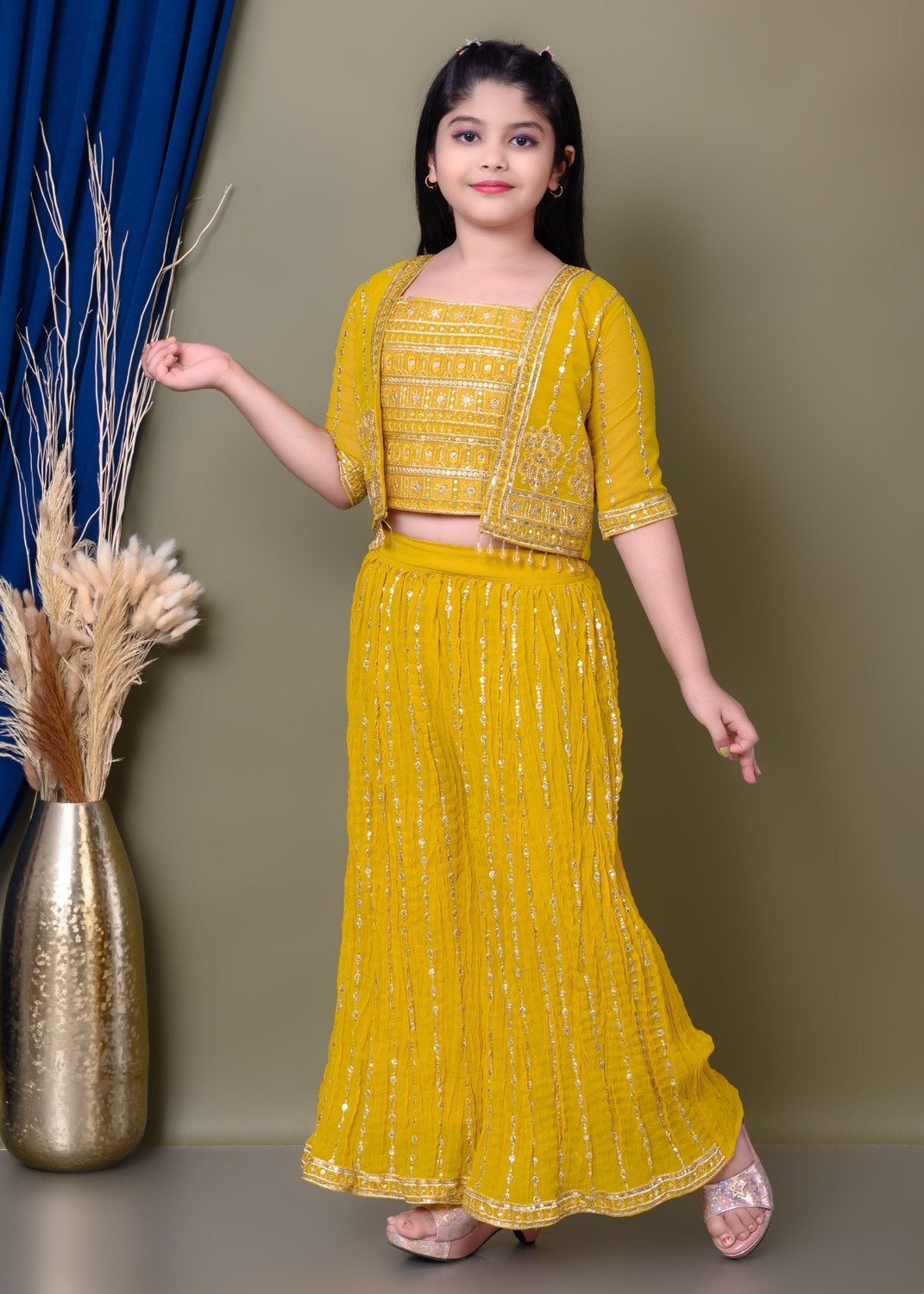 Image of lauxuryfashion Girls Festive & Party Ethnic Jacket, Blouse and Palazzo Set