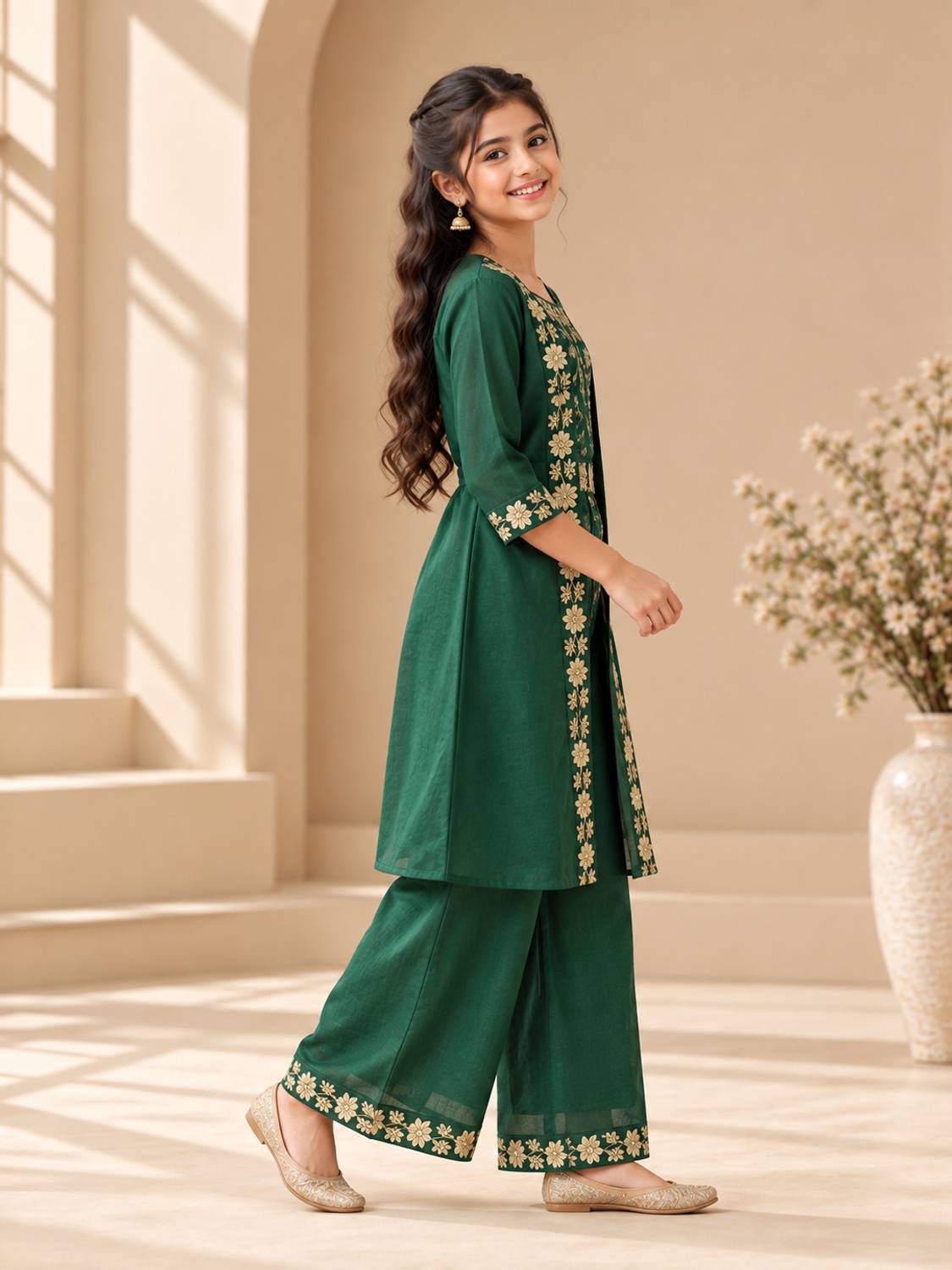 Fouzan Girls Festive Ethnic Jacket, Blouse & Palazzo Set - Image 3