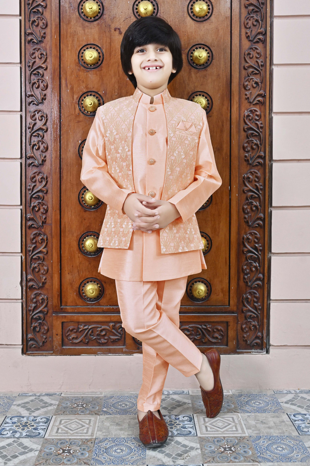 Image of AHHAAAA Boys Wedding Kurta, Waistcoat and Breeches Set