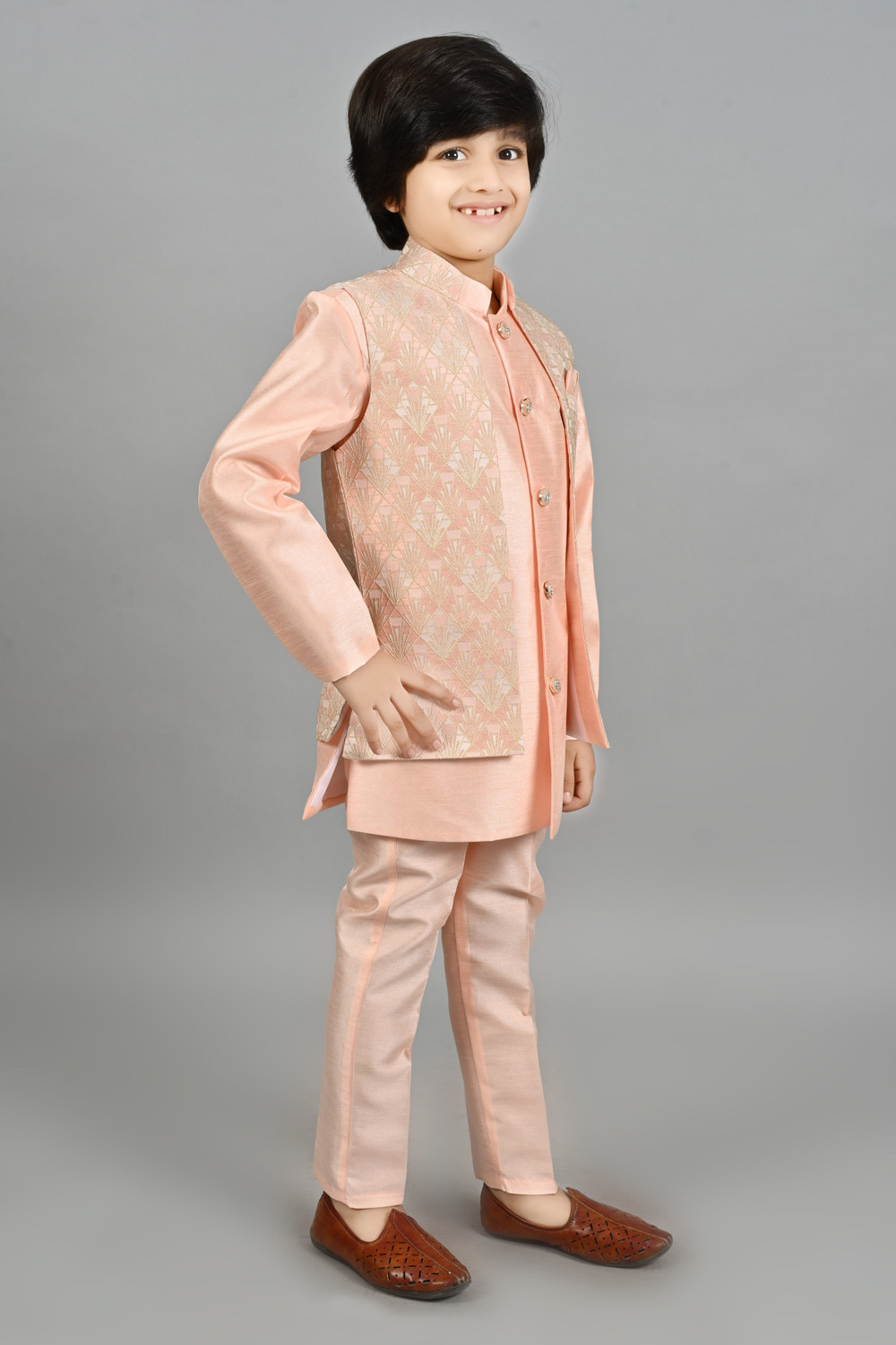 Image of AHHAAAA Boys Wedding Kurta, Waistcoat and Breeches Set