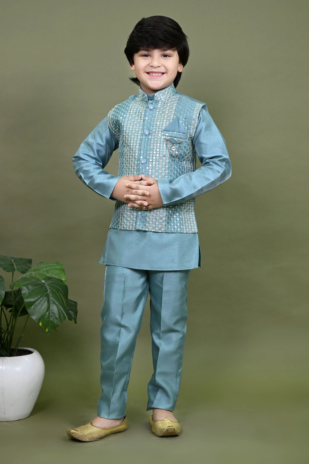 Image of BT DEZINES Boys Festive & Party, Wedding Kurta, Waistcoat and Pyjama Set