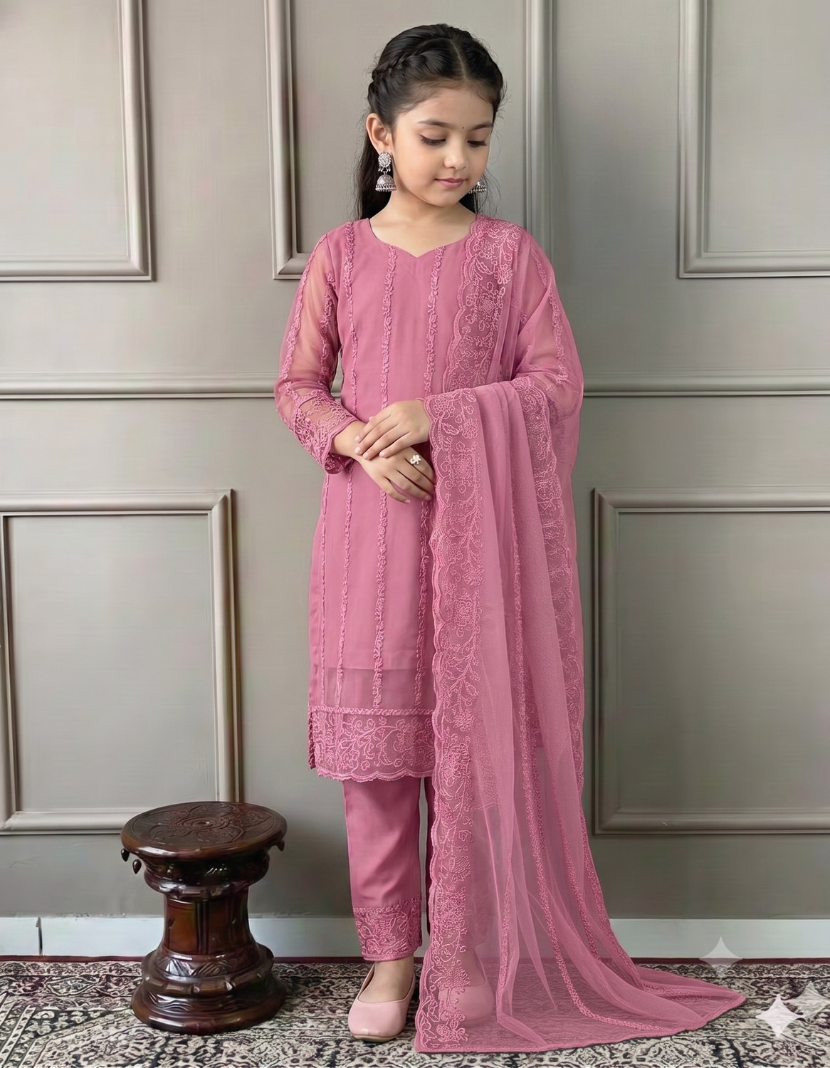 Image of poshvue Girls Festive & Party, Casual, Formal Kurta, Pyjama & Dupatta Set (Pink Pack of 1)