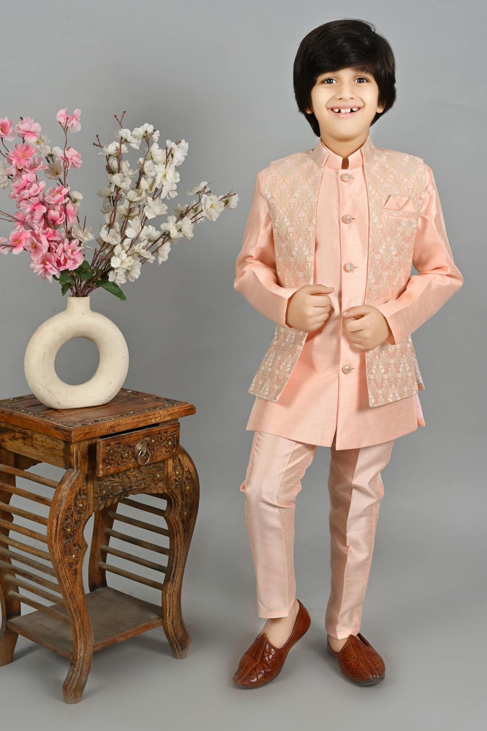 Image of AHHAAAA Boys Wedding Kurta, Waistcoat and Breeches Set