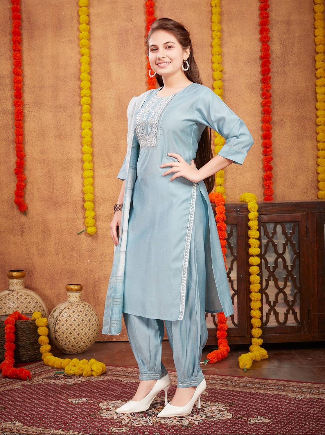 Sangria Girls Blue Festive Kurta and Patiala Set - Image 3