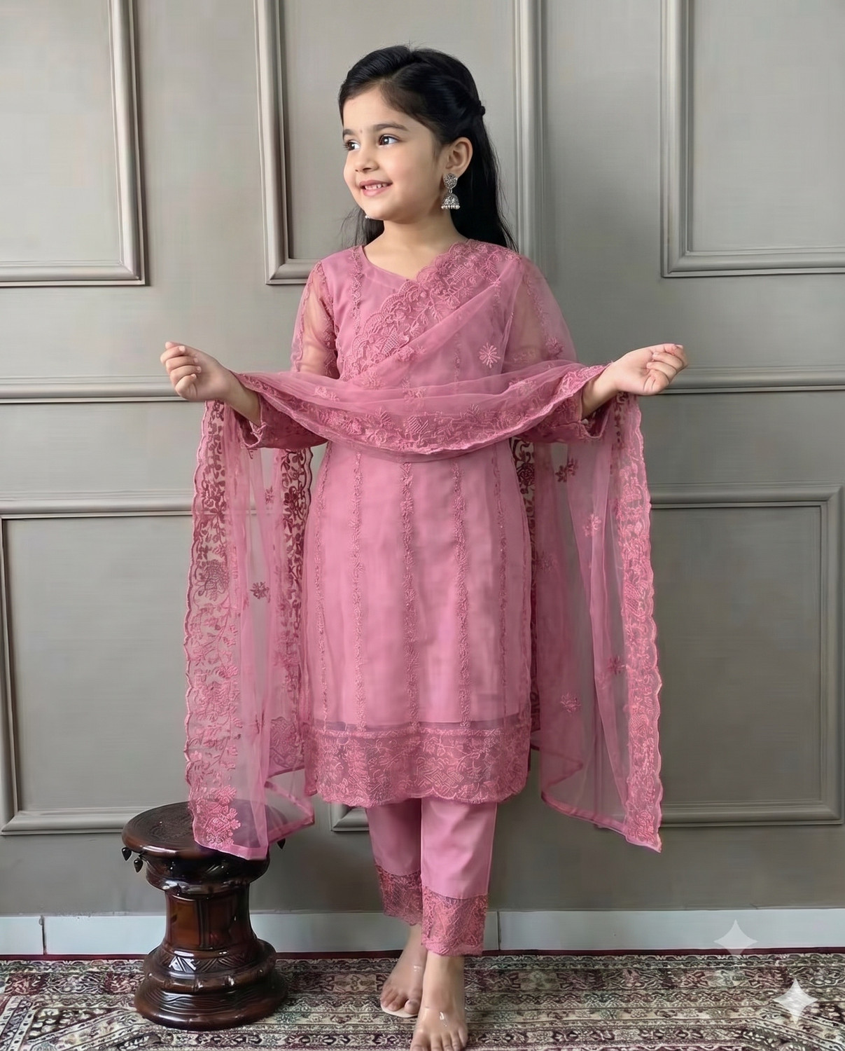 Image of poshvue Girls Festive & Party, Casual, Formal Kurta, Pyjama & Dupatta Set (Pink Pack of 1)