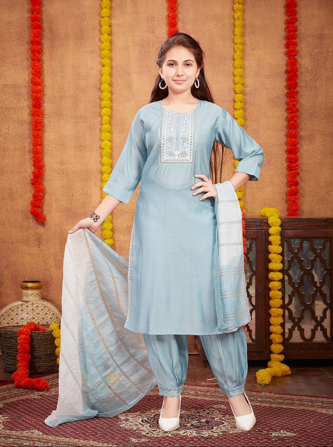 Sangria Girls Blue Festive Kurta and Patiala Set - Image 1