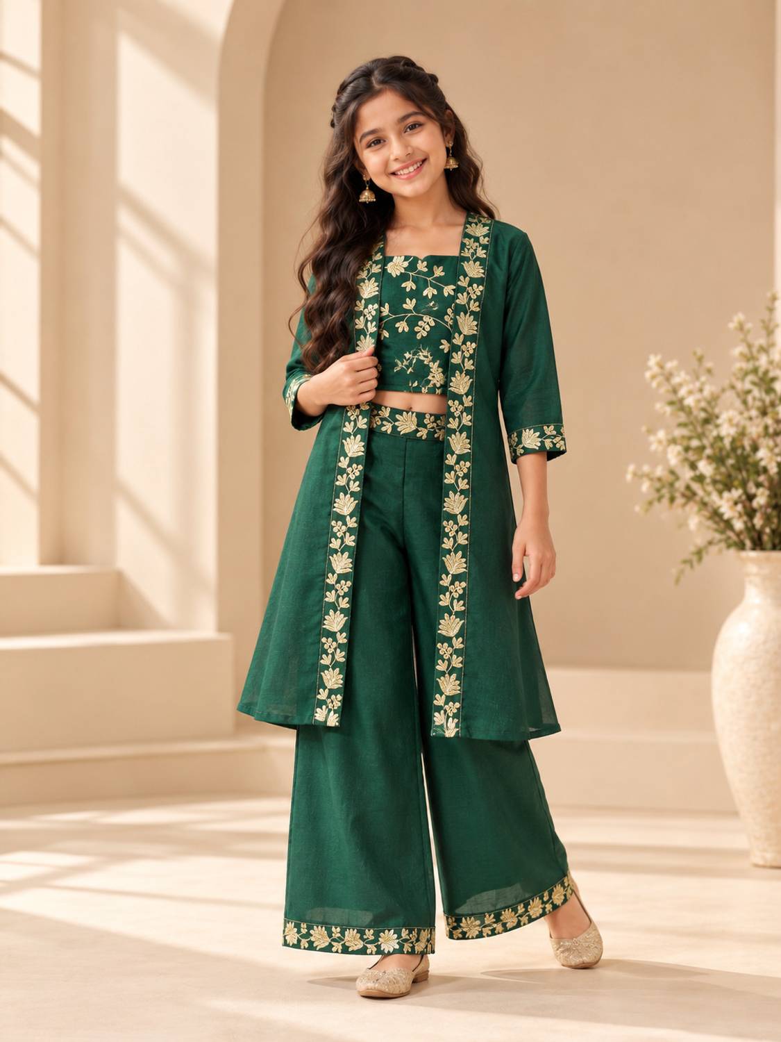 Fouzan Girls Festive Ethnic Jacket, Blouse & Palazzo Set - Image 1