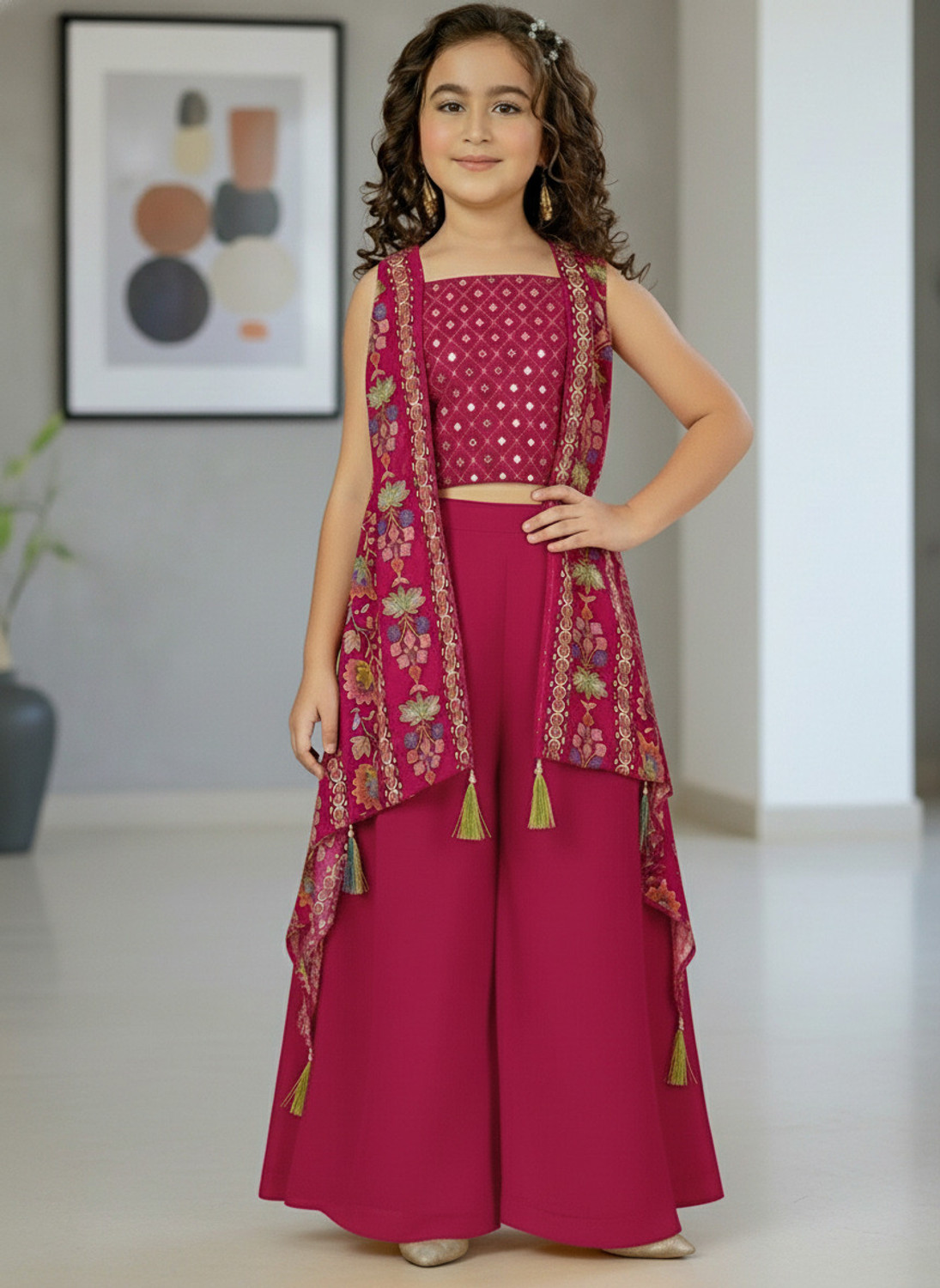 Dhvra Fashion Girls Festive & Party Ethnic Jacket, Kurta and Palazzo Set